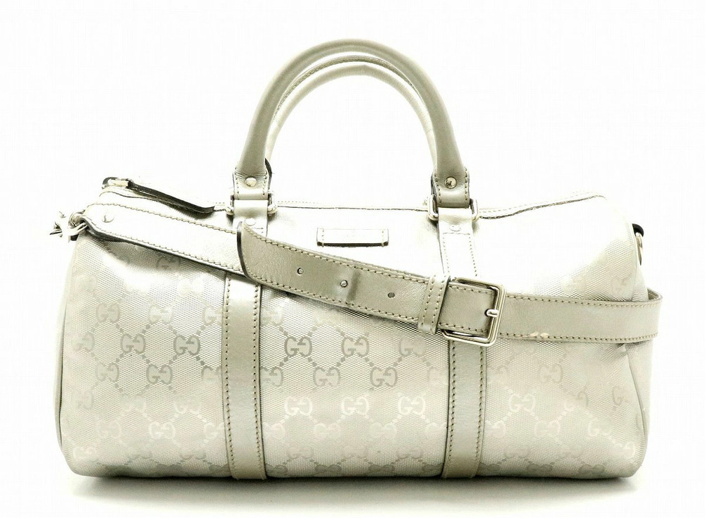Gucci GG Imprime Handbag Boston Bag Crossbody Leather Silver